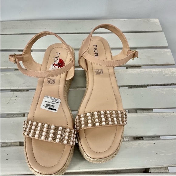 fiorini Shoes - NWOT FIORINI Women's Tan Wedge Pearl Like Embellished Espadrille Sandals…